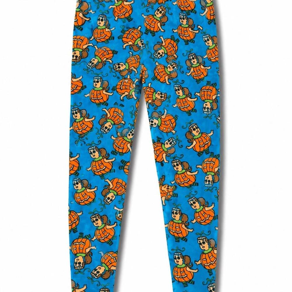 Lularoe halloween blue leggings with dogs in pumpkin costumes women sz medium